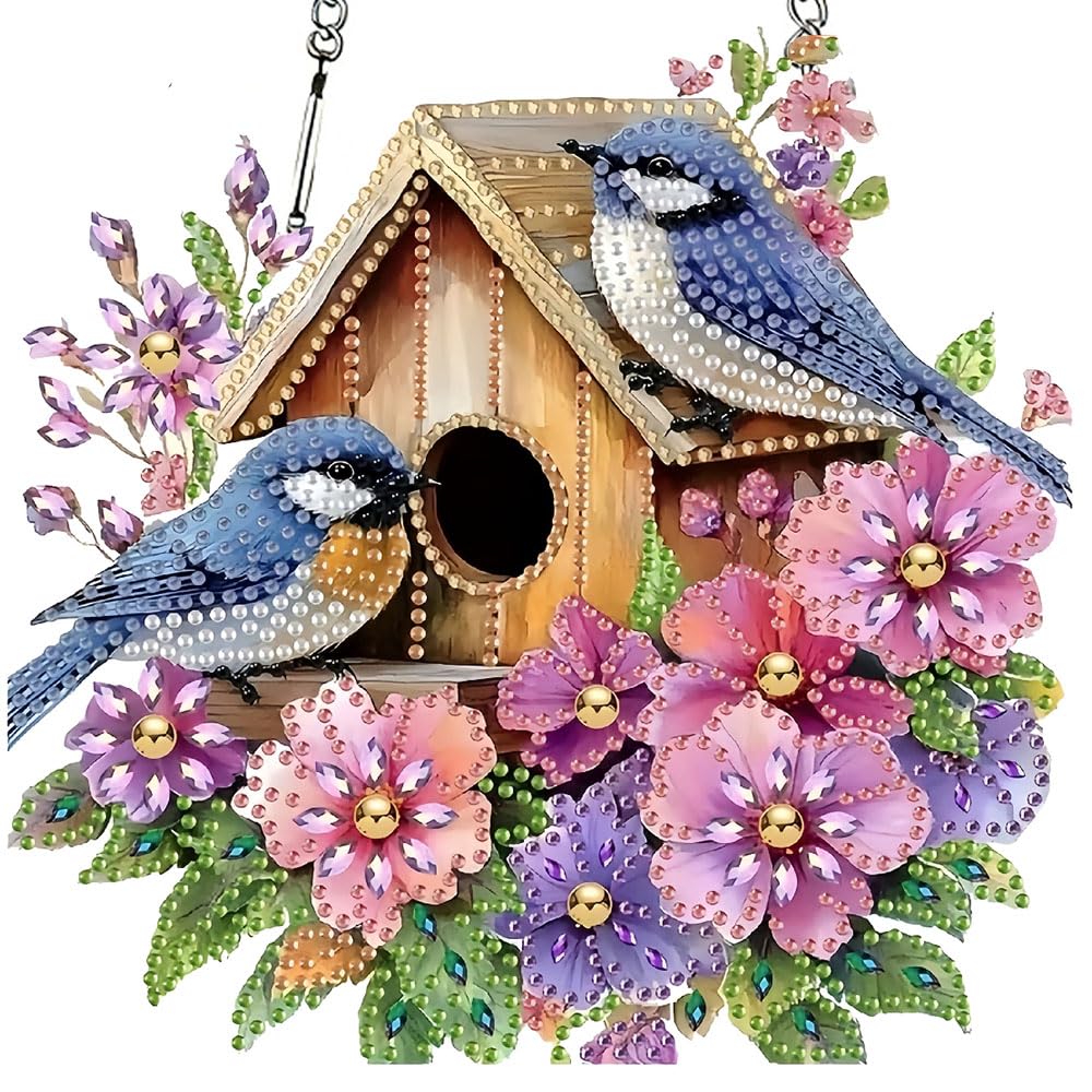 LPDJITO DIY Birdhouse Diamond Painting Hanging Ornament, Double-Sided Acrylic Flowers Bird Diamond Art Kit, Special Shaped Drill Pendant Window Art Kit, Suncatcher Hanging Craft Decoration