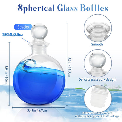 Tessco for you 3 Pcs Round Glass Bottles 8.5 oz Potion Bottles Clear Spherical Decorative Jars for Liquor Candy Potpourri Halloween Christmas Decoration DIY Art Crafts Gift(Stylish)