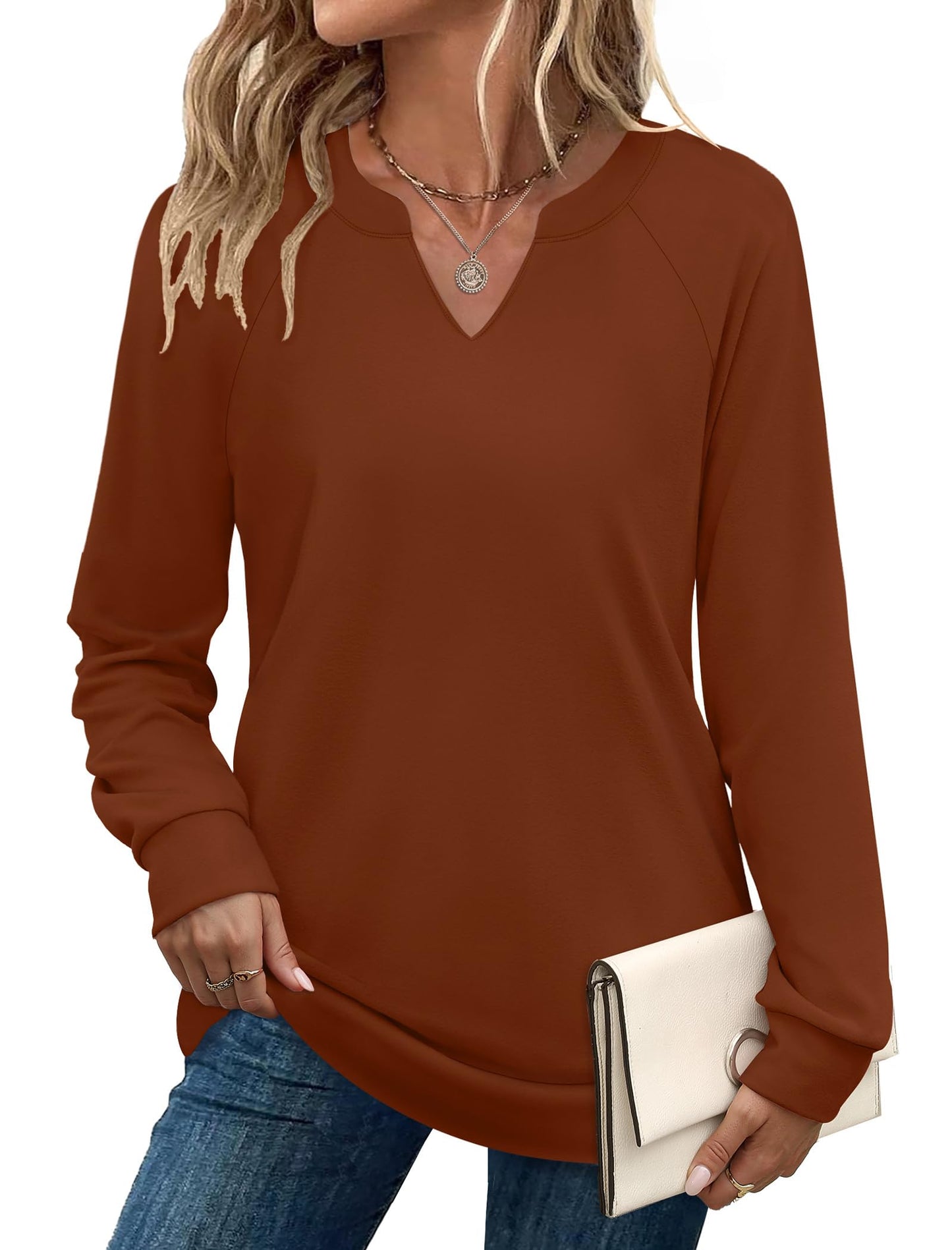 SAMPEEL Sweatshirts for Women V Neck Long Sleeve Shirts Lightweight Sweaters Fall Fashion Tops Outfits 2025