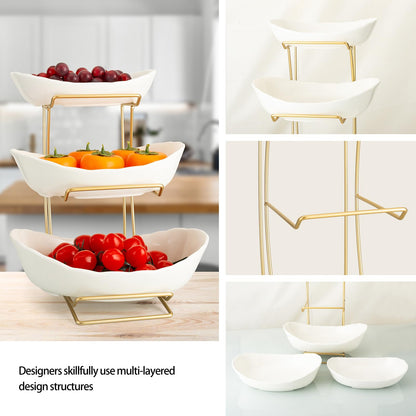 jessie 3 Tier Ceramic Fruit Bowls for Kitchen Counter with Metal Rack, Fruit Basket with Stand, Porcelain Bowls for Fruit Vegetable Bread Candy Snack Nuts Dessert Cake Tray (White 3 Layer)