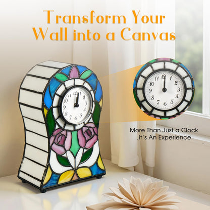 Yodimust Tiffany Style Rose Pattern Bell-Shaped Table Lamp with Clock, Stained Glass Lamp, Creative Clock Lamp, Decoration for Bedroom, Bedside Lamp, Office