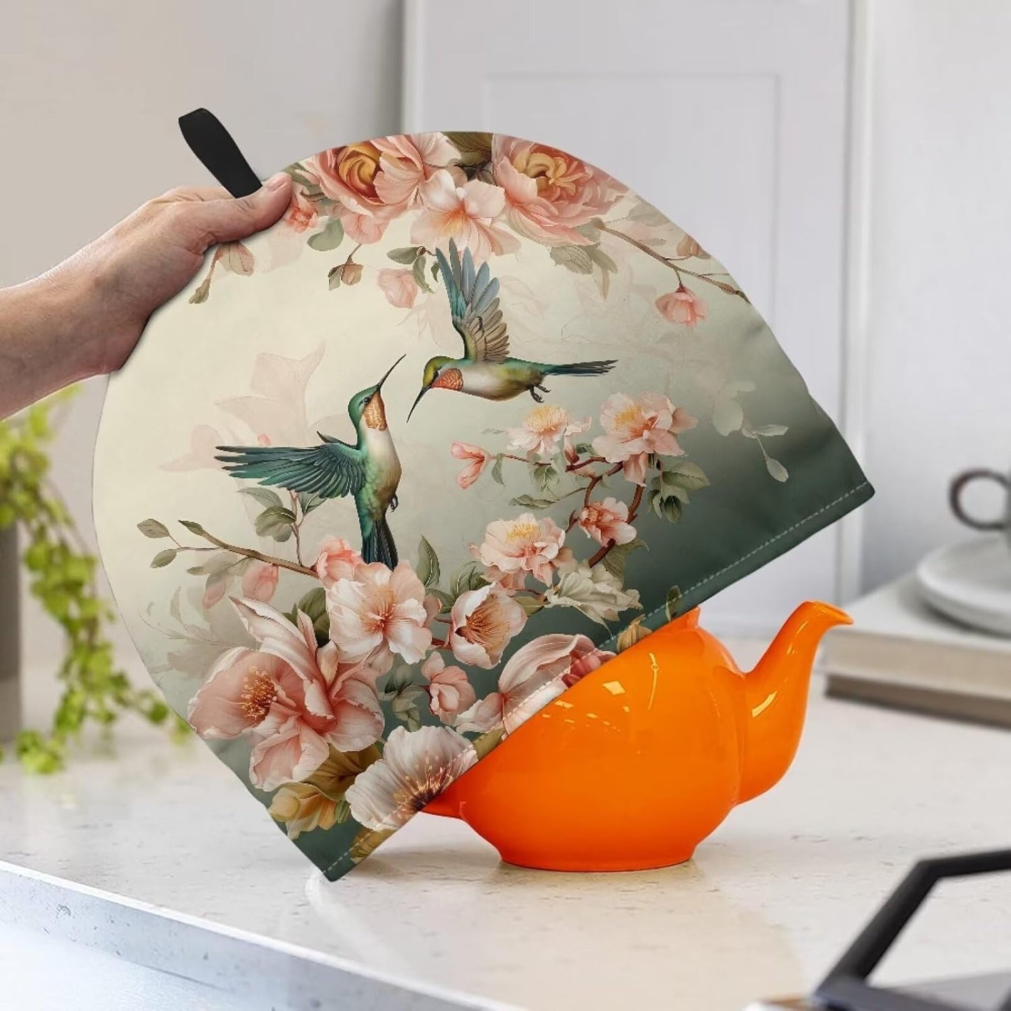 Hummingbird Flower Print Tea Cozy, Insulated Teapot Dust Cover, Durable Tea Kettle Protector for Home Decor