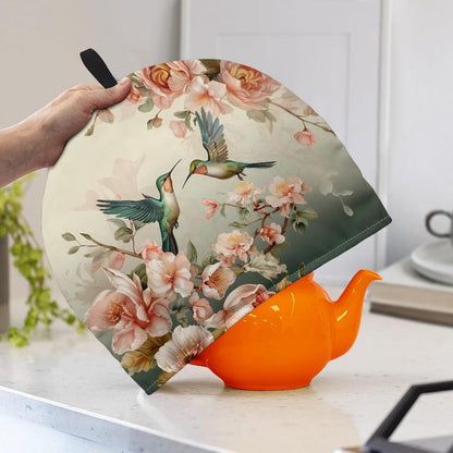 Hummingbird Flower Print Tea Cozy, Insulated Teapot Dust Cover, Durable Tea Kettle Protector for Home Decor