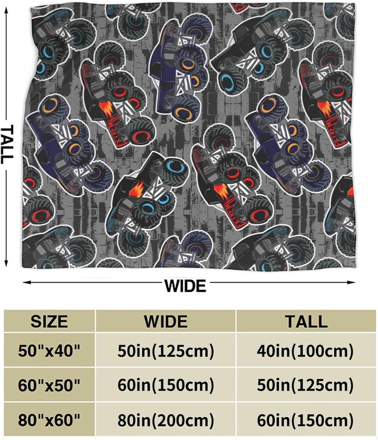 Perinsto 60"X50" Monster Truck Boys Style Throw Blanket Ultra Soft Warm All Season Decorative Fleece Blankets for Bed