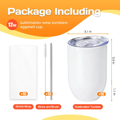 Joyclub Sublimation Wine Tumblers 10 Pack 12 oz Insulated Wine Tumbler with Lids Stainless Steel Wine Tumblers Bulk for DIY Gifts