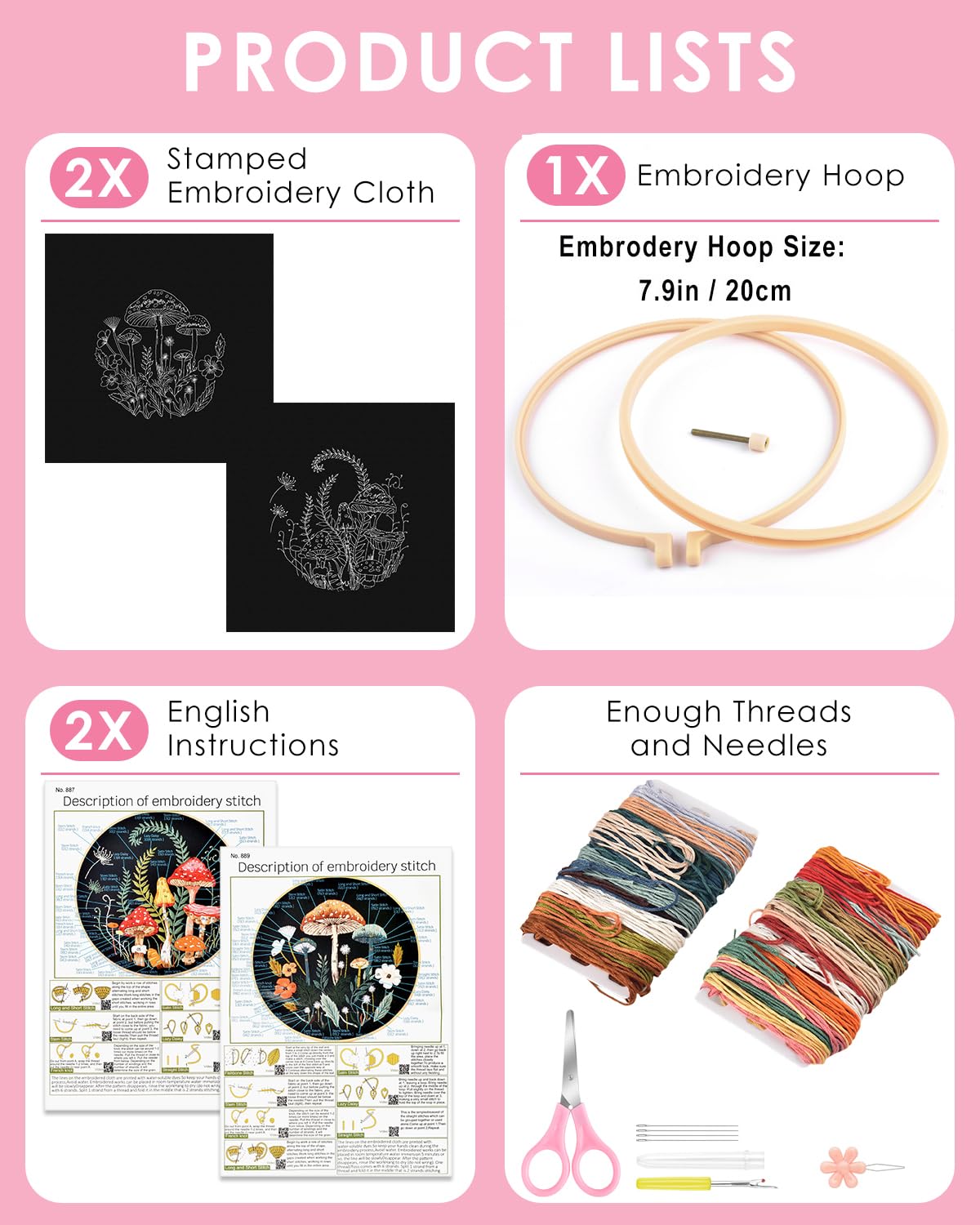 TINDTOP 2 Pack Embroidery Kit for Adult Beginners, Embroidery DIY Starter Kit, with Mushroom Stamped Patterns, Hoop, Tools, Colorful Threads with Needles, Instructions