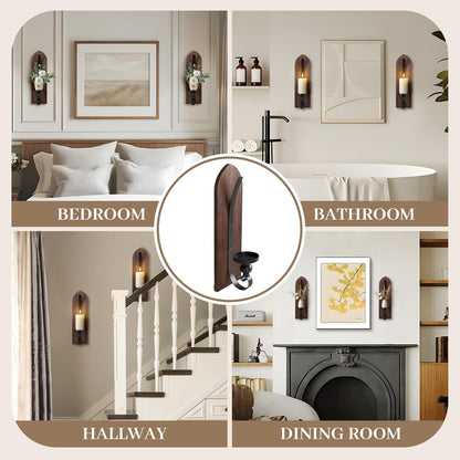 Wall Candle Sconces Set of Two, Brown Wall Mounted Metal and Wooden Wall Candle Holders, Farmhouse Candle Sconces for Bedroom, Fireplace, Brwon