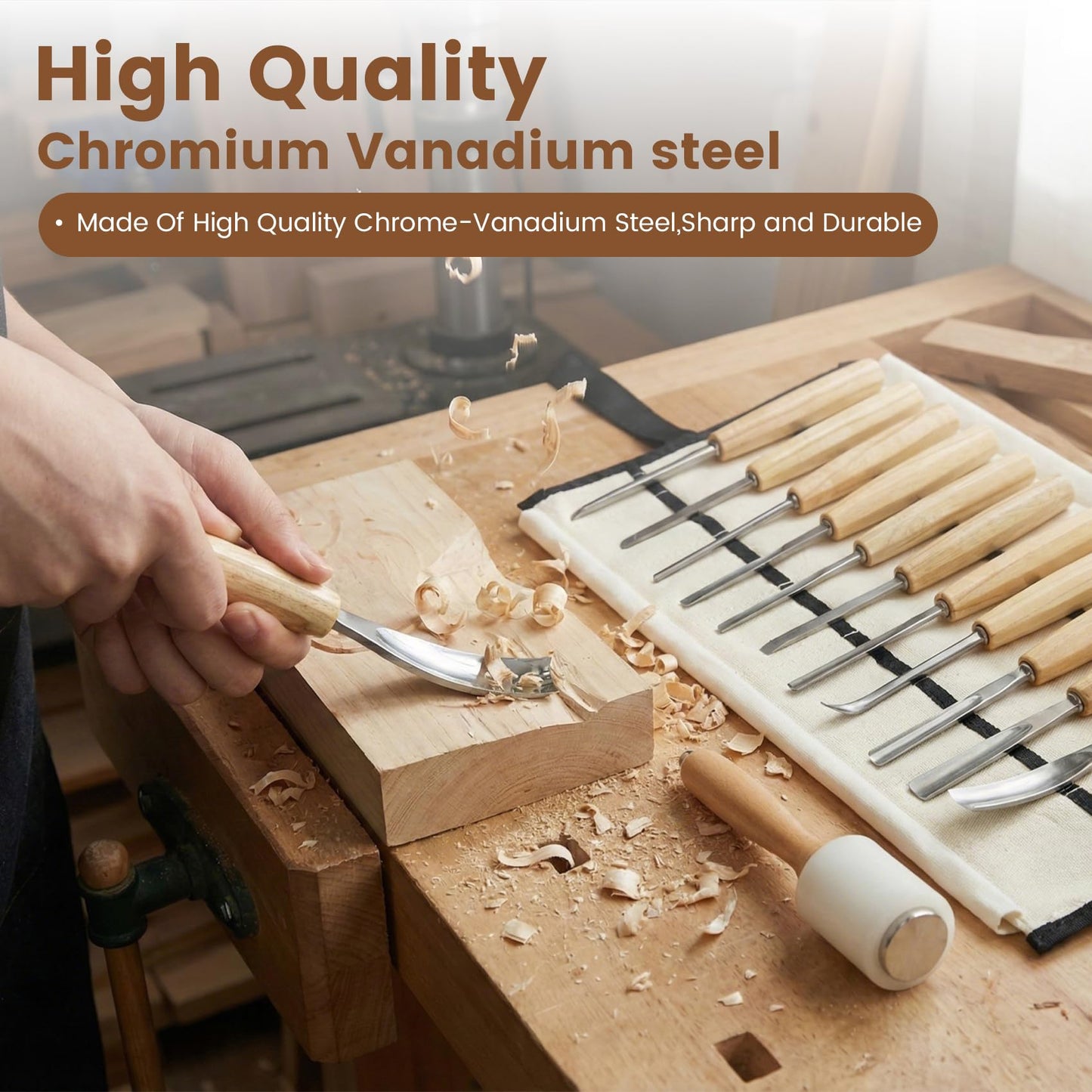 Wood Carving Kit – 12 PCS Professional Wood Carving Tools Set with Mallet & Canvas Case, Pre-Sharpened CR-V 60 Steel Gouges and Chisels for Whittling, Spoon Carving, Beginners & Professionals