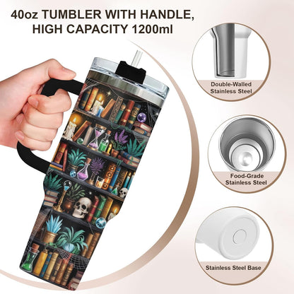 40oz Reading Bookshelf Tumbler With Handle And Straw, Insulated Stainless Steel Travel Cup, Bookish Water Bottle
