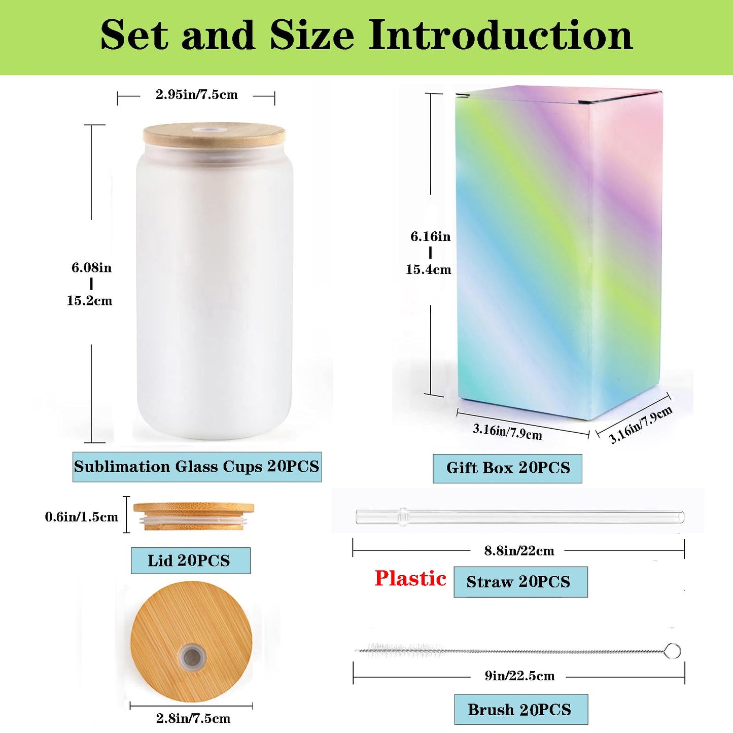 ABBSH Frosted Sublimation Glass Cups With Bamboo Lid 16oz Tumblers 20Pack Blanks Glasses Beer Can and Straws…