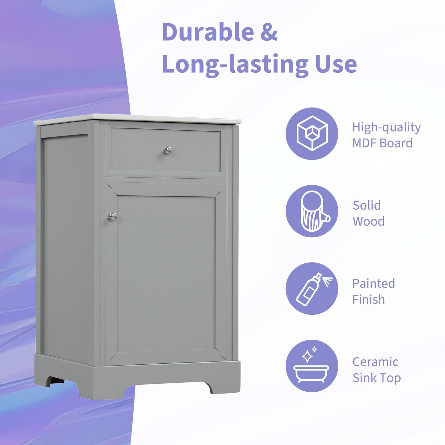 Favfurish 20" Bathroom Vanity with Ceramic Sink, Undermount Single Basin Bath Vanity Set w/Soft-Close Door and Storage Rack & Adjustable Shelf, Modern Freestanding Cabinet for Small Space, Grey