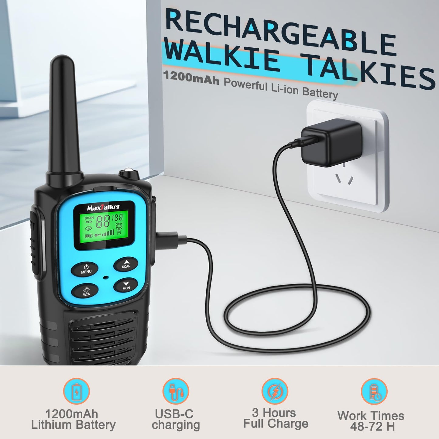 Walkie Talkies Long Range for Adult, MT10 Rechargeable Walkie Talkies FRS Two Way Radio, NOAA, 1200mAh Li-ion Battery USB-C Cable, LED Flashlight, VOX Walkie Talkie for Hiking Camping 2Pack