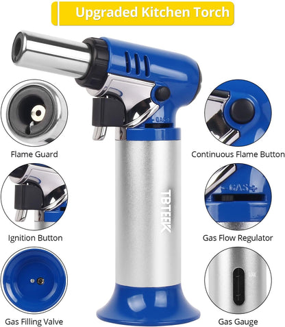 TBTEEK Butane Torch T907 with Fuel Gauge, One-Hand Operation Kitchen Lighter for BBQ, Baking, Crafts (Blue)