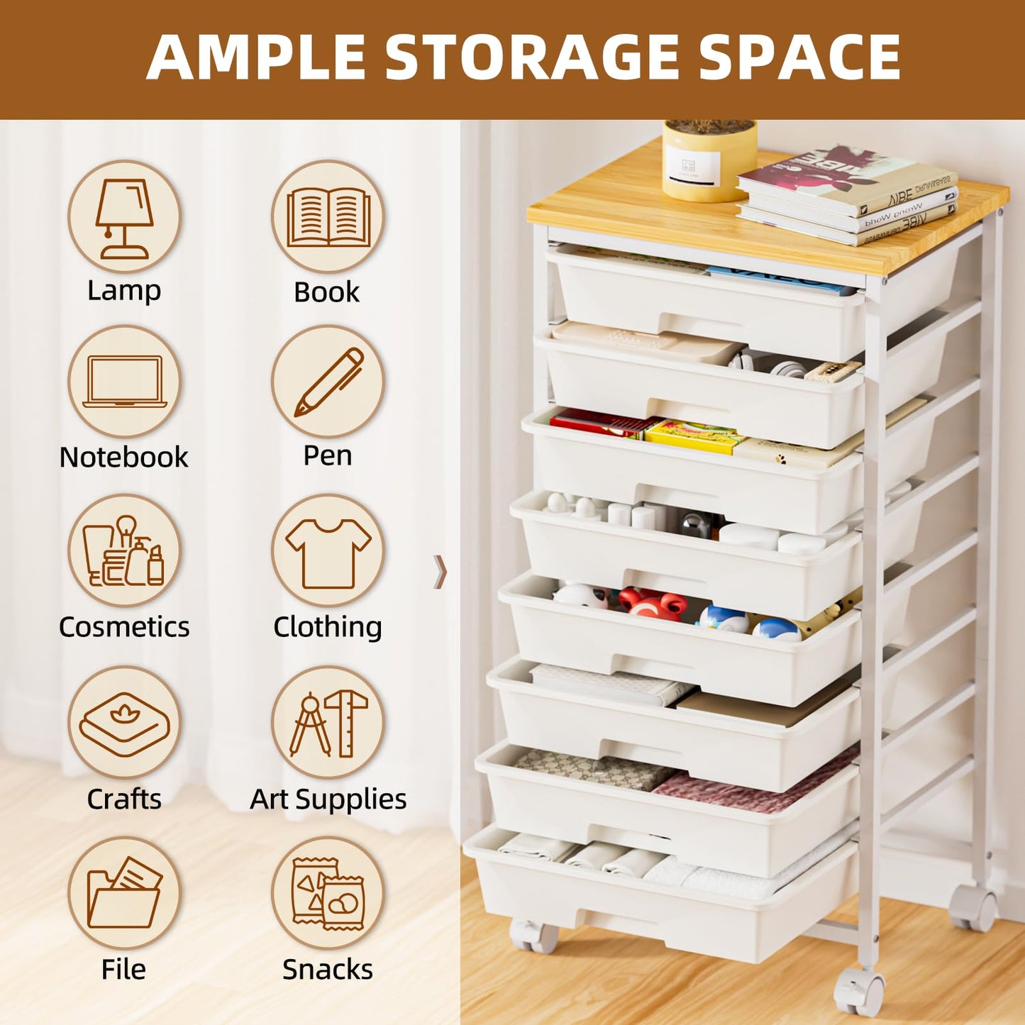 OUKMIC Rolling Storage Cart with 8 Drawers, Utility Cart with Wooden Tabletop and Lockable Wheels, Movable Craft Cart, Craft Storage Organizer for Living Room, Bedroom, Classroom, Office, White