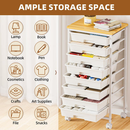 OUKMIC Rolling Storage Cart with 8 Drawers, Utility Cart with Wooden Tabletop and Lockable Wheels, Movable Craft Cart, Craft Storage Organizer for Living Room, Bedroom, Classroom, Office, White