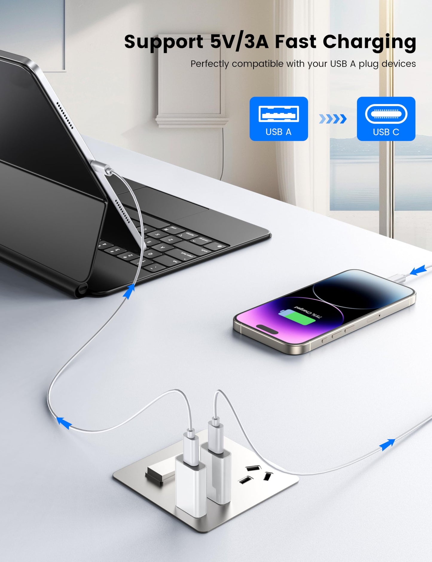 MOSWAG USB to USB C Adapter 2 Pack, USB C Female to A Male Car Charger for iPhone 16 15 14 Pro Max Plus,Apple Watch 10/9/8, iPad Air Mini 6 7,CarPlay