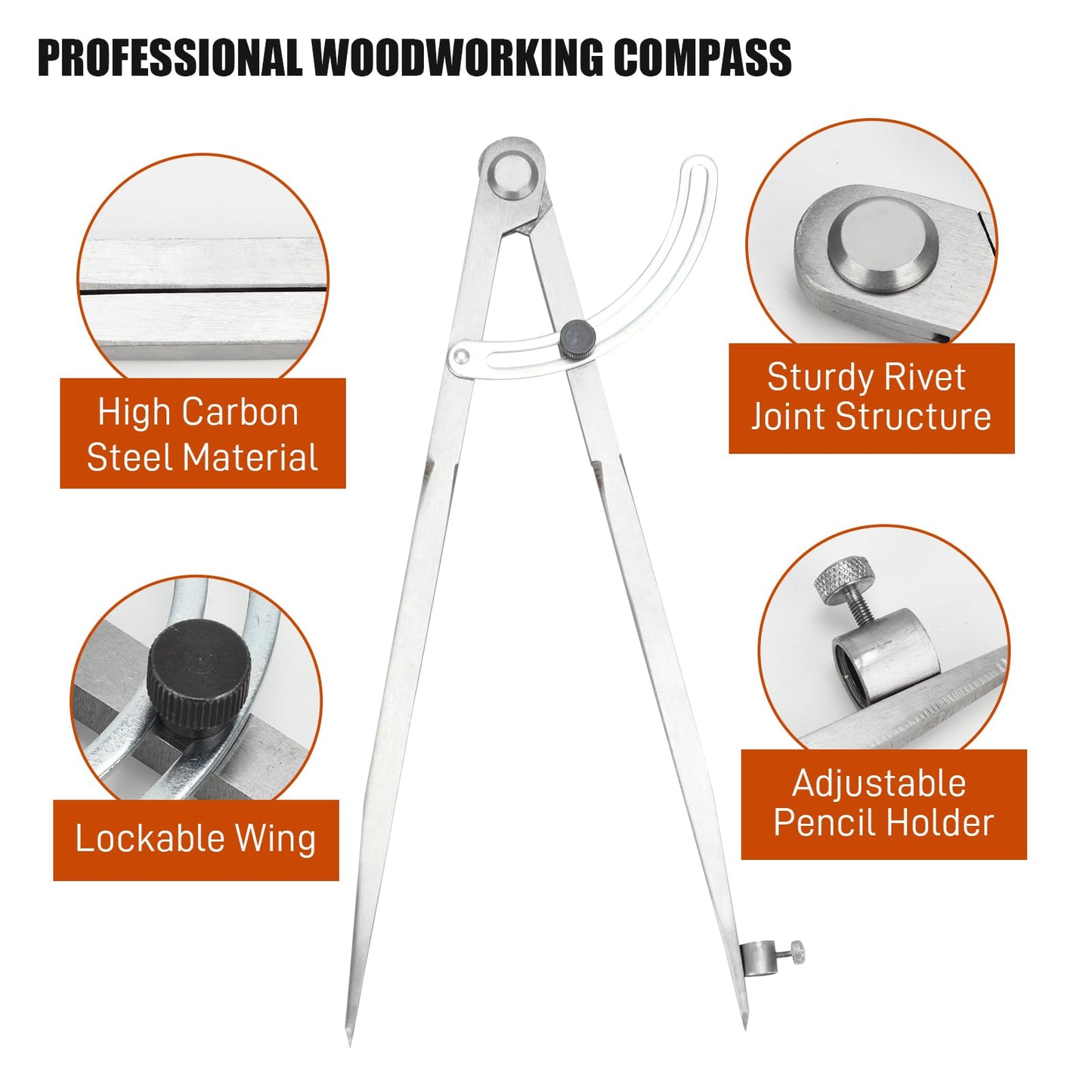 Large Compass for Woodworking, 12 Inch Pencil Compass with Wing Divider Metal Compass Drawing Tool for Carpenter Drafting Technical Drawing (12 Inch)