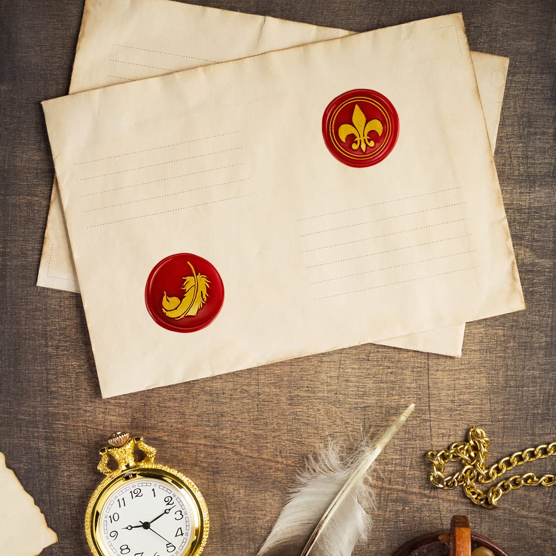 Wax Seal Stamp Kit, 6 pcs Brass Head Wax Stamp & 1 Wooden Handle, 6 Designs (Anchor, Feather, Fleur-de-lis,Compass, with Love, Rose Flower)