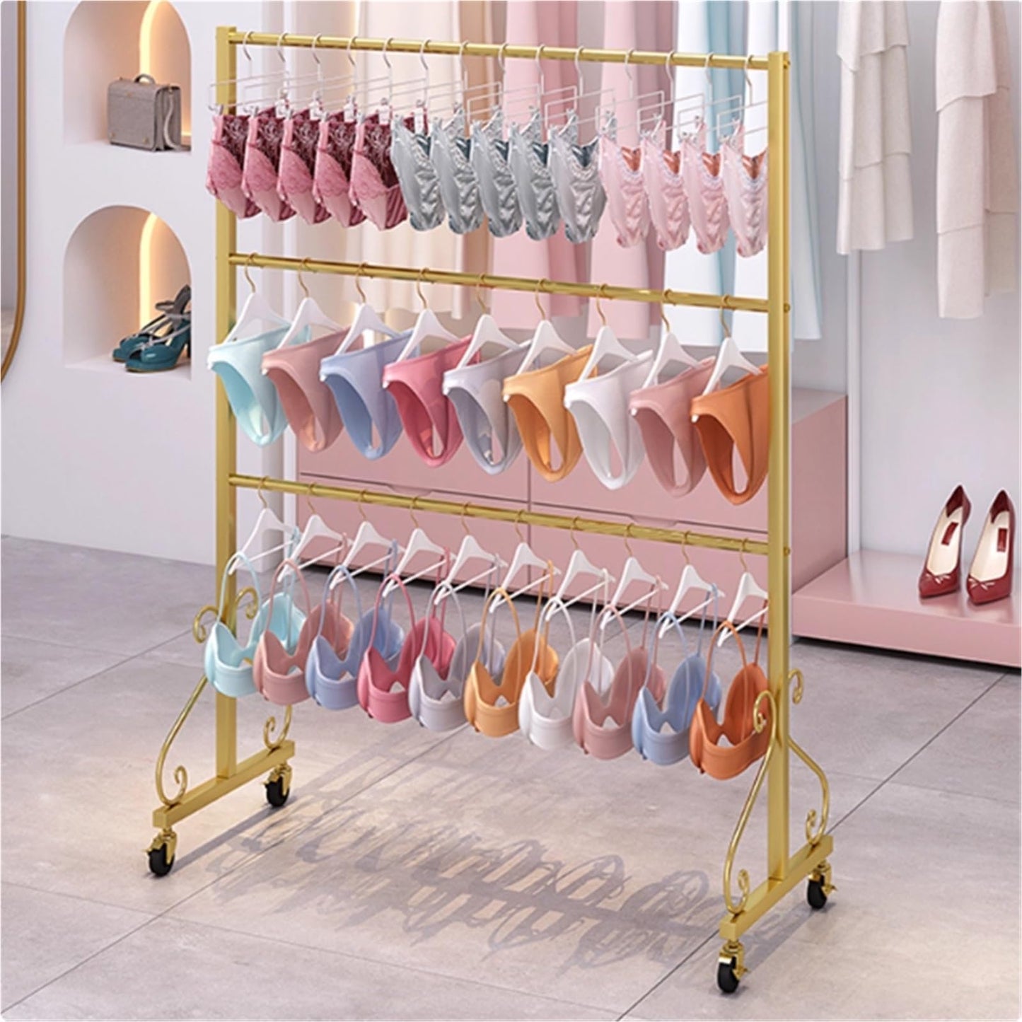 Mobile Lingerie Bra Rack Swimsuit Organizer Hanger, Anti-Slip, Underwear Display Stand with Wheels, Commercial Clothing Store Shelf, for Shorts,Hats, Sock, 3 Tier(Black,100 * 40 *