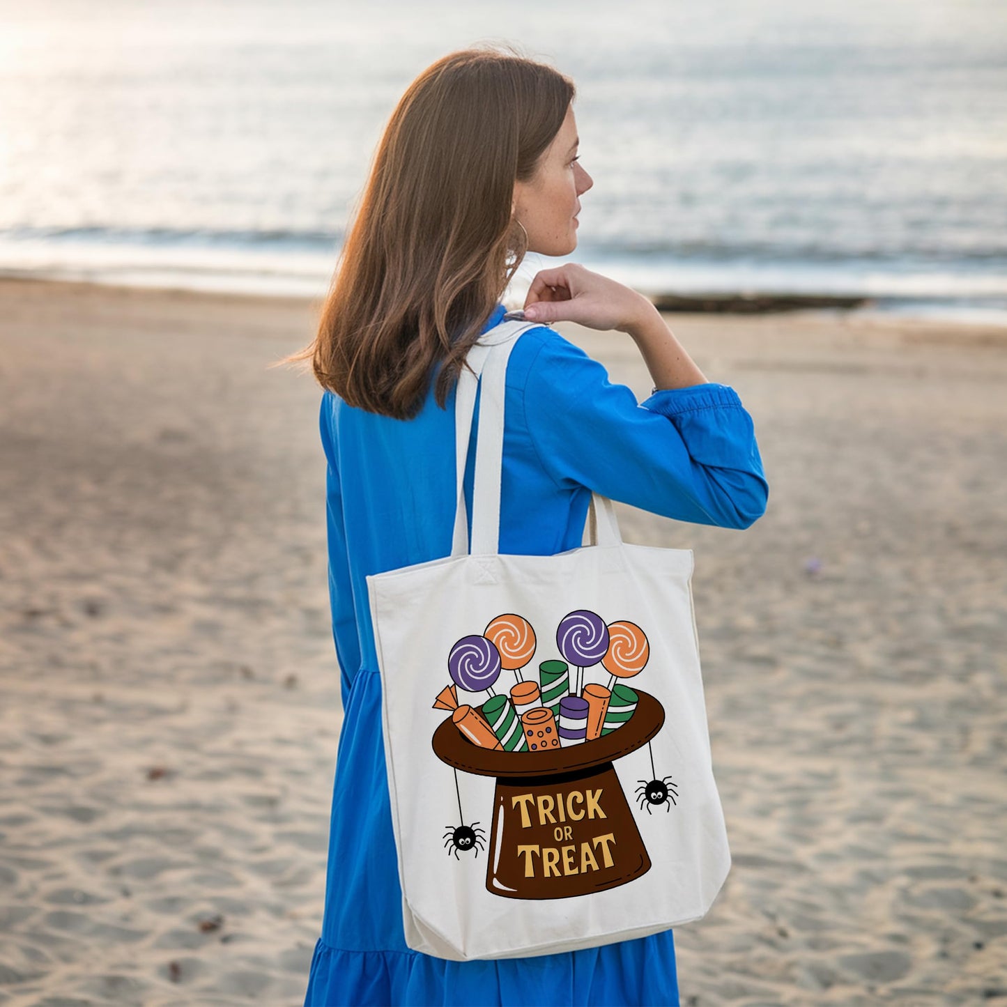 LRYBUD Halloween Tote Bag Hat Trick or Treat for Women Canvas Womens Work Tote Bag Gifts