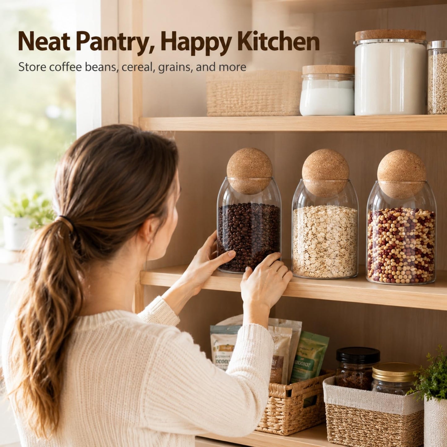 RHBLME 3 Pack Glass Storage Containers with Ball Cork, 17 Oz/500ML Glass Jar with Cork Lid, Round Cork Glass Bottle, Small Candy Jar with Wood Ball Lid for Food, Coffee, Sugar, Spice, Tea, etc