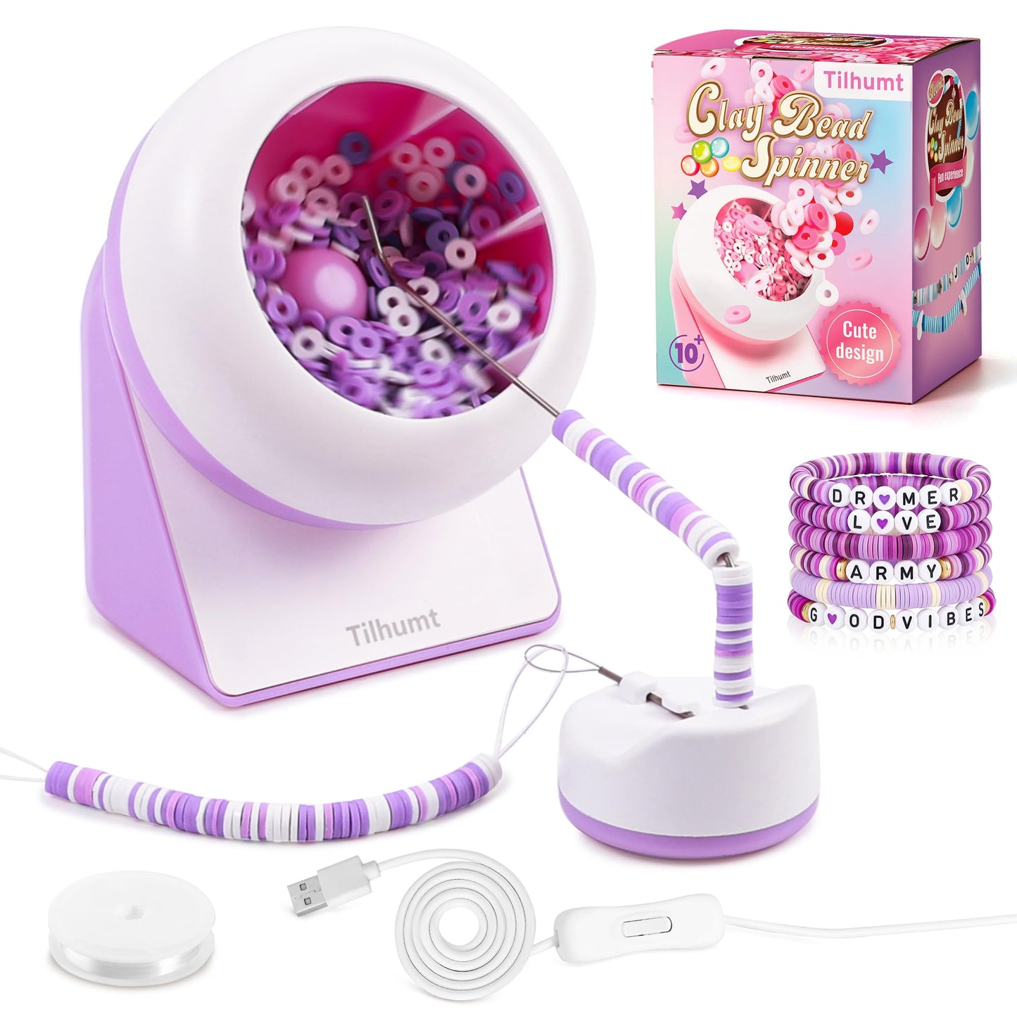 Tilhumt Clay Bead Spinner, Electric Bead Spinner for Jewelry Making, Friendship WWJD Bracelets Maker with Needle and Elastic String, Bracelet Making Machine, Ideal Gift for Craft Bead Lovers, Purple