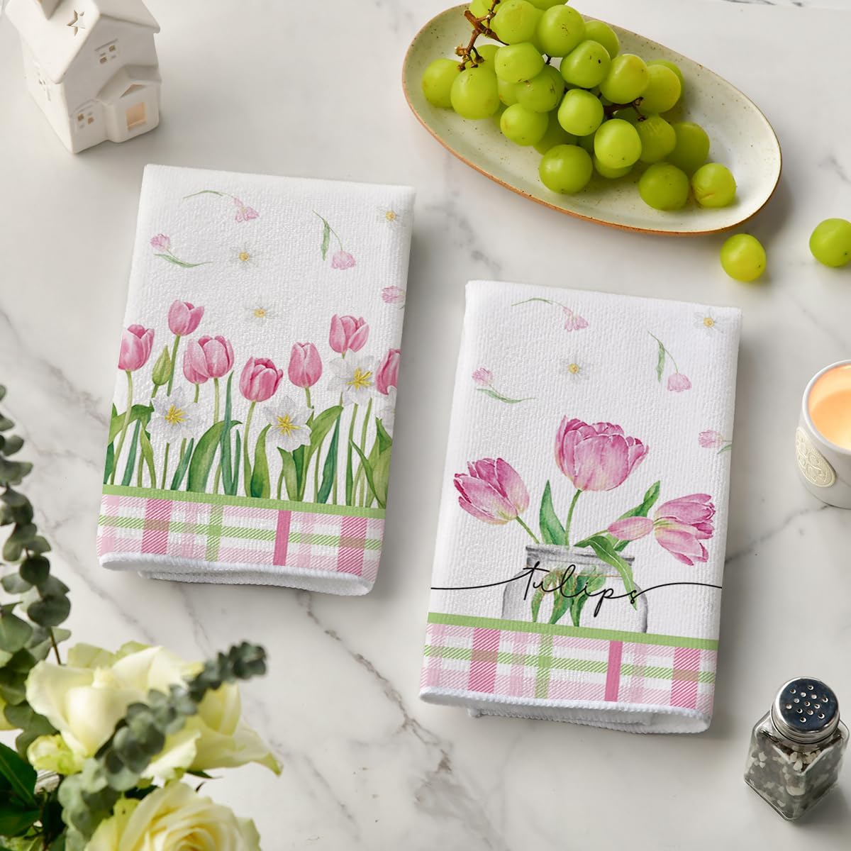 18x26 Inch Set 2 Artoid Mode Tulip Buffalo Plaid Flowers Spring Kitchen Towels Dish Towels, Seasonal Floral Decoration