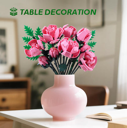 Pink Rose Flower Building Set-10pcs Roses & 2pcs Leaves Botanical Collection, Artificial Flowers for Home Décor, Rose Bouquet Building Kit for Valentine’s Day Christmas Birthday Anniversary (No Vase)