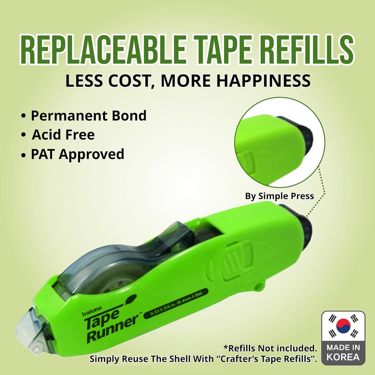 TAPE RUNNER - Double Sided Adhesive with Dispenser Roller Included - Acid Free, Sticky, Transparent - Ideal for Scrapbooking, Crafts & More - Retractable (315 inches per Cartridge), 5 Cartridges