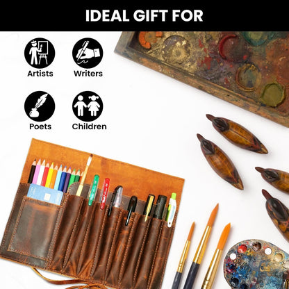 Jaald Genuine Leather Pencil Roll Brush Case Pen Holder Organizer Brushes Ruler Stationary Pouch Gift for Students Artist Painter & Writer String Closure Vintage