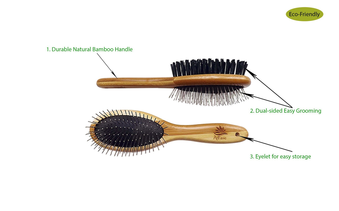 AtEase Accents Double Sided Dog Brush - for Long or Short Haired Dogs and Cats Natural Bamboo Eco Friendly Pet Grooming Dual Sided Pin and Bristles for Deshedding Hair