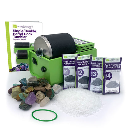 WireJewelry Single Barrel Rock Tumbler Kit - Includes 1.5 Pounds of Gemstones of The World Stone Mix and 1 Batch of 4 Step Abrasive Grit and Polish with Plastic Pellets