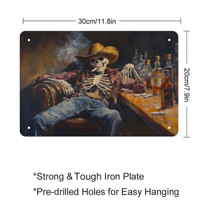 Metal Sign Poster 8x12 Inch Wild West Skeleton Cowboy in A Bar Oil Painting Print Western Wall Art Road Trip Gift Southwestern Art Decor
