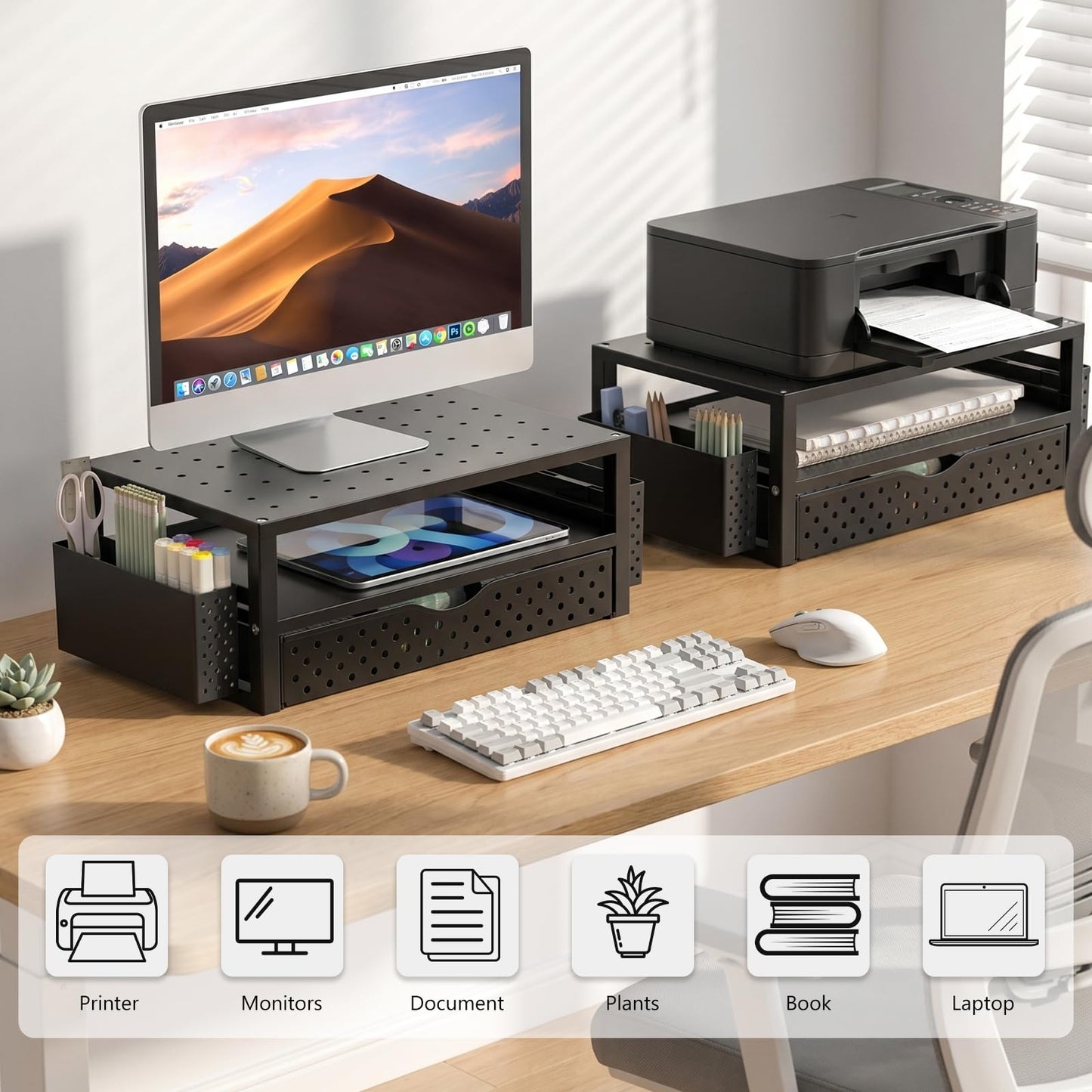 WALI Monitor Stand Riser with Drawer and 2 Pen Holders, Desk Organizers and Accessories for Computer, Printer, Laptop Stand for Home Office Supplies, (PTT004-B), 1 Pack, Black