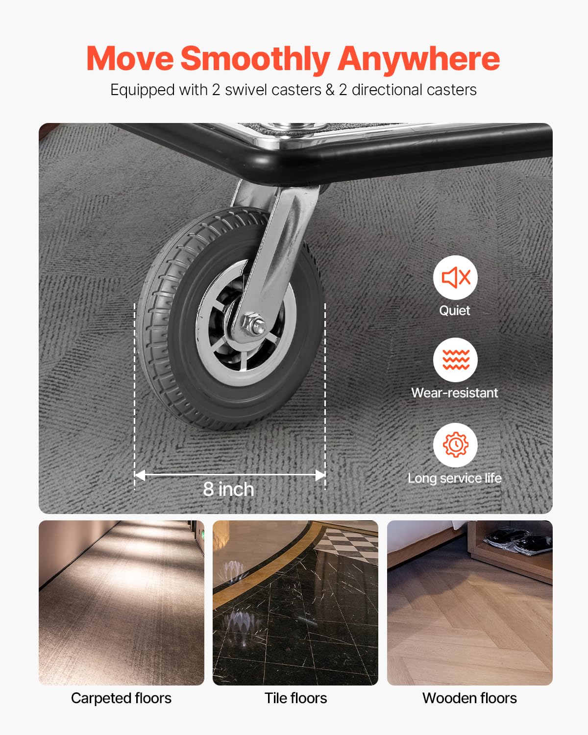 VEVOR Hotel Luggage Cart, Brushed Stainless Steel Finish Bellman's Cart, 1200 LBS Valet Cart with Grey Carpeted Deck and 8-inch Rubber Wheels, Ideal for Hotels, Condos, Resorts, Silver