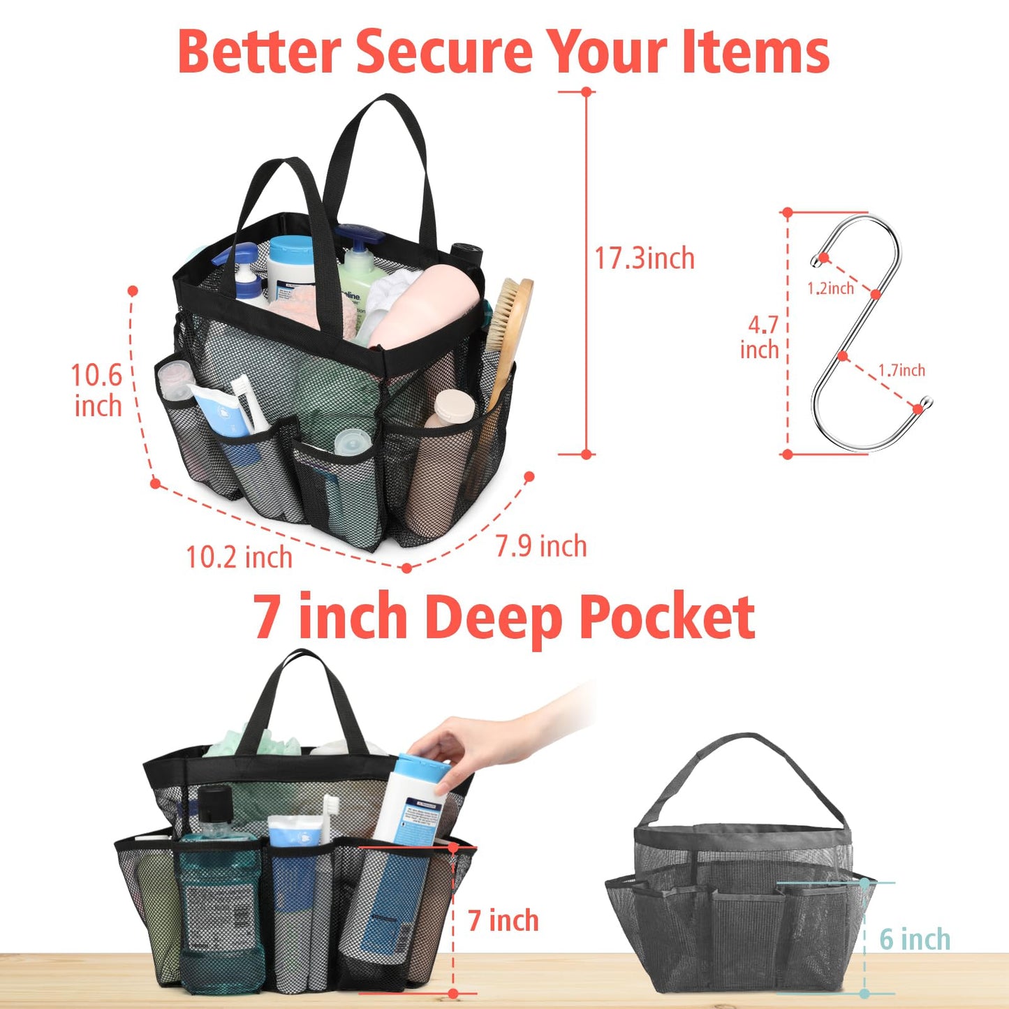 F-color Mesh Shower Caddy Portable, Upgrade Deeper 7 Pockets Shower Bag Basket Tote for College Dorm Room Toiletry Bathroom Essentials Gym Camp Quick Dry 2 handles with S Hook, Black