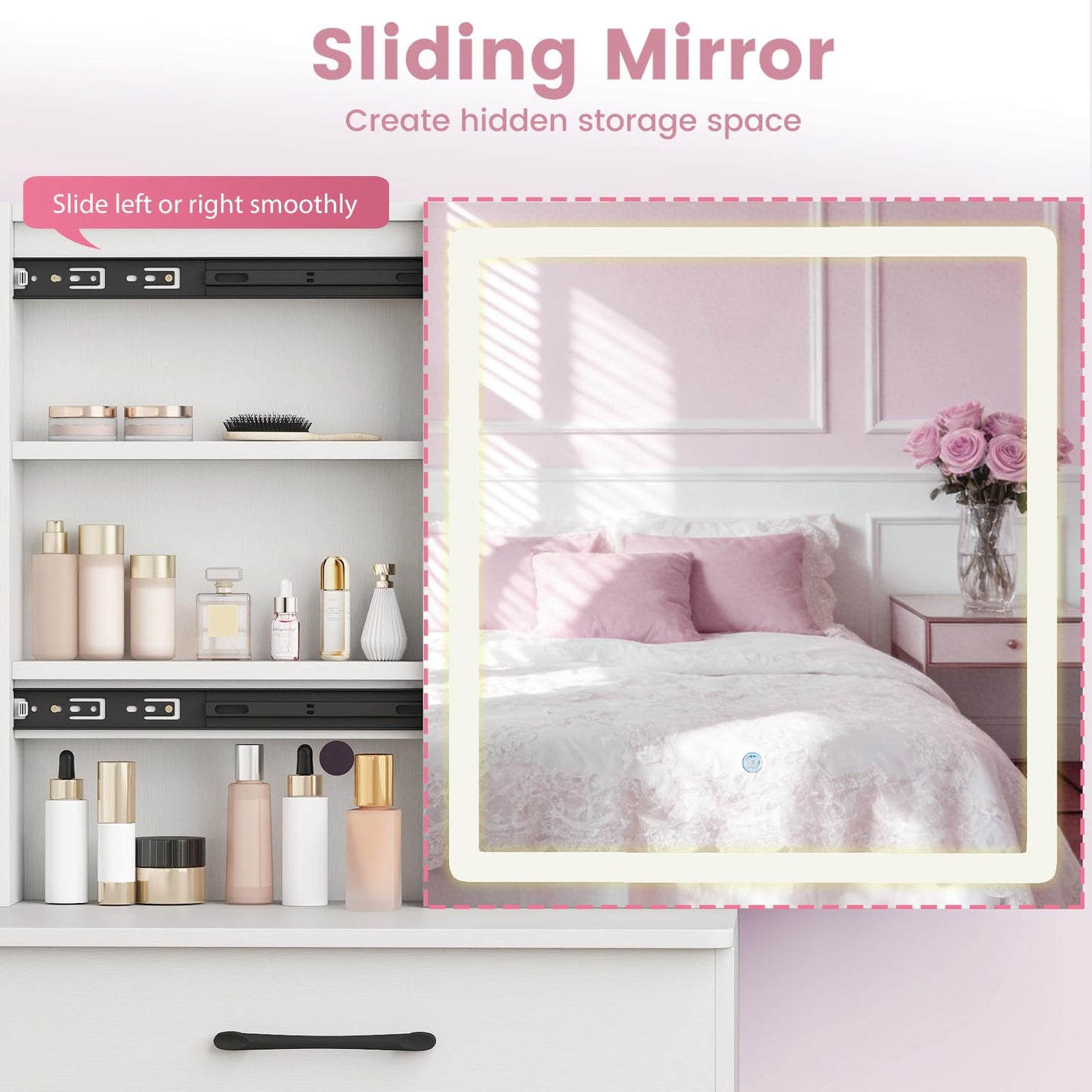 CHARMAID 38" Vanity Desk with Lighted Sliding Mirror, Adjustable LED Lighting, Hidden Storage, 4 Drawers & 3 Shelves, Cushioned Stool, Modern Makeup Vanity Dressing Table Set for Bedroom, White