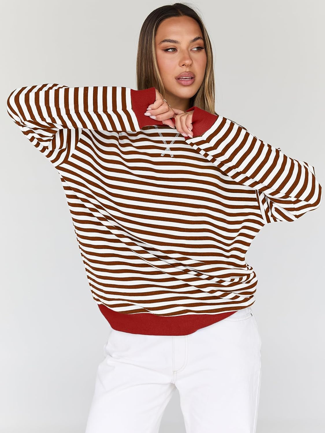 Trendy Queen Oversized Sweatshirt for Women 2025 Fall Crewneck Striped Long Sleeve Shirts Hoodies Cute Top Y2K Outfits