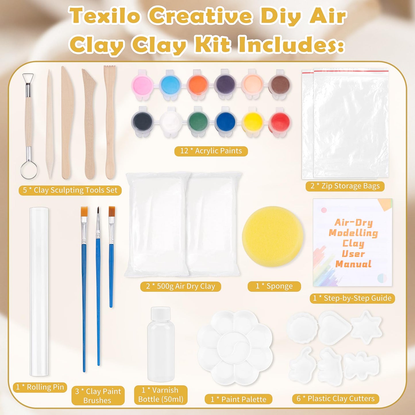Texilo Air Dry Clay Kit for Adults, Pottery Starter Tools for Beginner, DIY Painting Making Set with Clay,Paints,Sculpting Tools,Varnish, Guide, Christmas Birthdays Gift for Arts Crafts Lover at Home