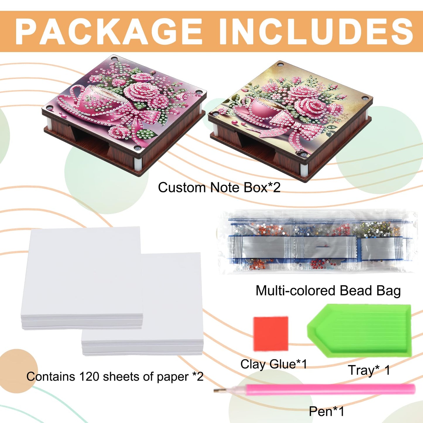 JISHSHAY 2 PCS Diamond Art Note Box Flower Diamond Painting Note Pad Holder Tea Cup Gem Painting Gem Art Memo Boxes Mosaic Kits for Adults Embroidery Kit Memo Pad Holder, Contains 120 Sheets of Paper