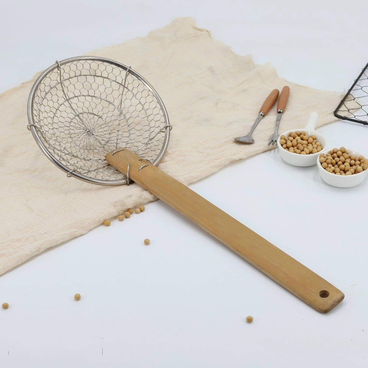 Bamboo Strainer Coarse Skimmer Kitchen - Stainless Steel Spider Strainer with Natural Bamboo Handle, Frying Spider Spoon