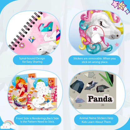 homicozy 3PCS Sticker Paint Books for Kids Ages 4-10,Unicorn Mermaid Animals Designs Paint By Stickers,Sticker By Numbers,Party Birthday Gifts for Girls 4-10,Create 30 Pictures One Stickers at A Time