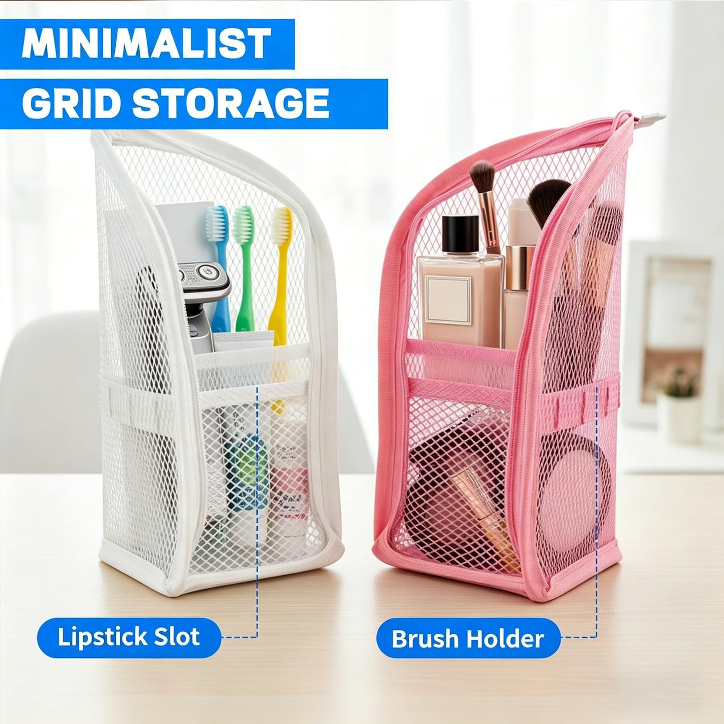 2Pcs Standing Toiletry Bag, Upright Waterproof Travel Toiletry Bag, Translucent Portable Foldable Makeup Cosmetic Bag, Leakproof Travel Organizer Pouch for Bathroom, Gym, Business Trip,Family Travel