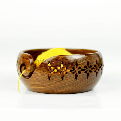 Nagina International Rosewood Crafted Wooden Yarn Storage Bowl With Carved Holes & Drills | Knitting Crochet Accessories (Medium)