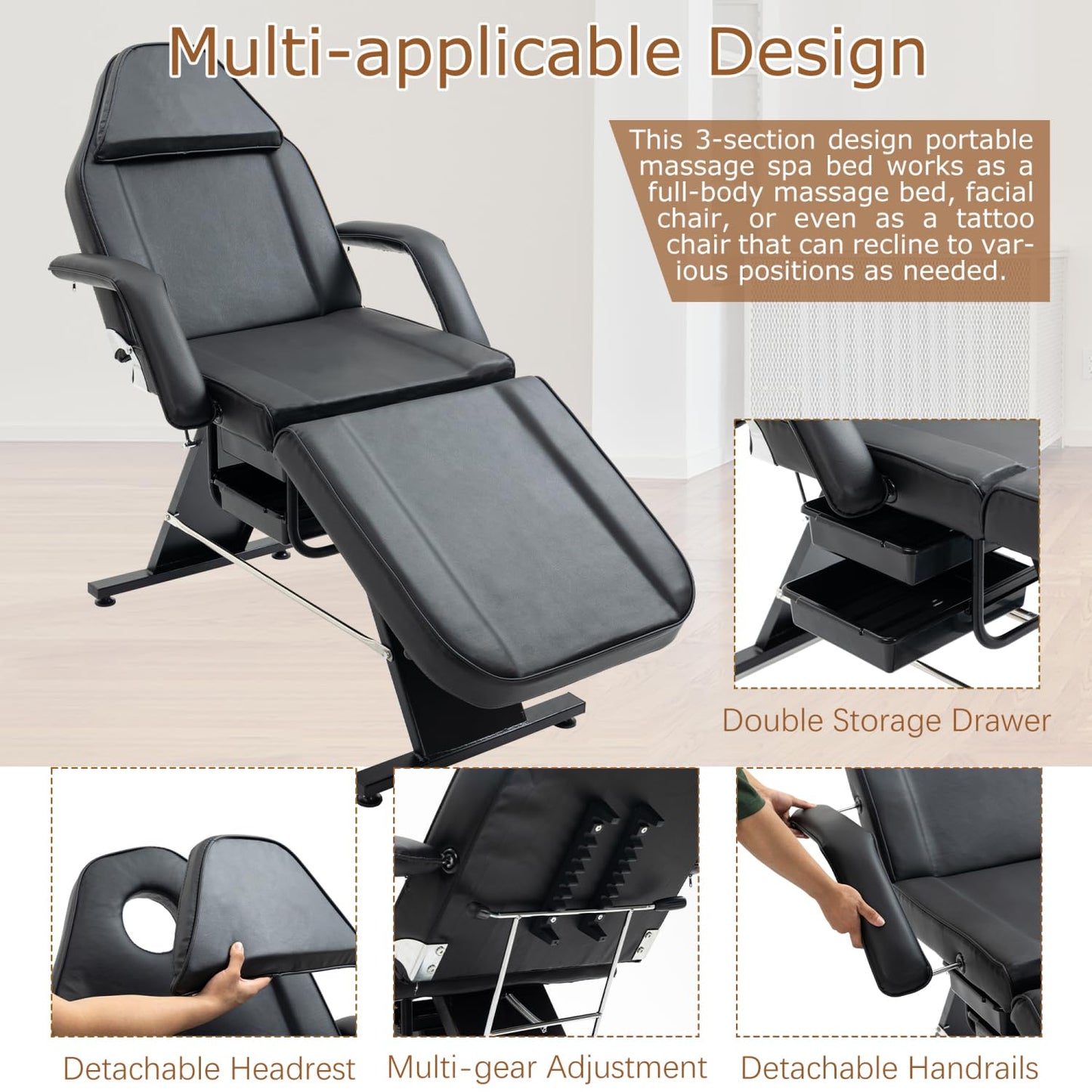 Geelife Massage Salon Tattoo Chair with Hydraulic Stool, Multi-Purpose 3-Section Facial Bed Table, Adjustable Beauty Barber Spa Equipment, Black
