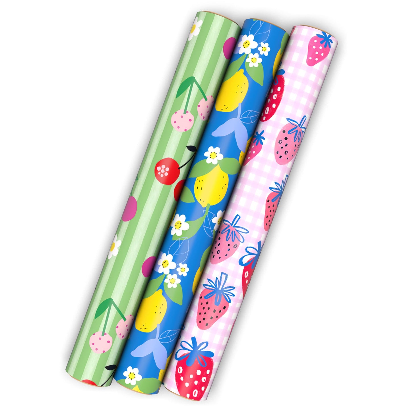 Hallmark Strawberry Scented Wrapping Paper Mini Rolls, 3-Pack (Strawberries, Lemons, Cherries) for Birthdays, Easter, Mother's Day, Bridal Showers, Any Occasion - 45 Sq. Ft. Total
