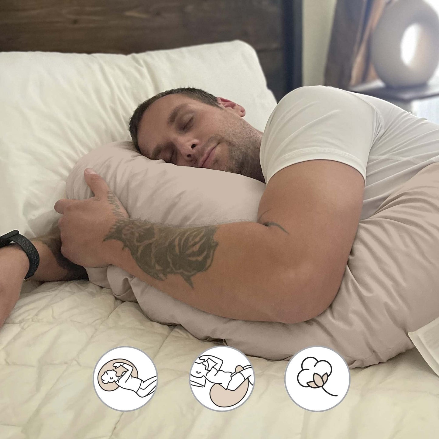 Boppy Cuddle Pillow with 100% Organic Cotton Removable Cover, Hypoallergenic Fiber Fill, Contoured for Support for Side Sleeping, Relieve Shoulder Pressure, Align HIPS for Lower Back Pain, Biscuit