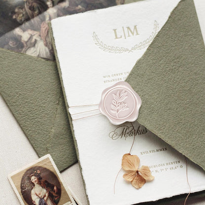 Pollize 50PCS Champagne Wax Seal Stickers 5 in 1, Wedding Envelope Seal Stickers, Self-Adhesive 3D Leaf Design Wax Seals for Invitation, Gift Wrapping, Graduation Party (Leaf Styles)