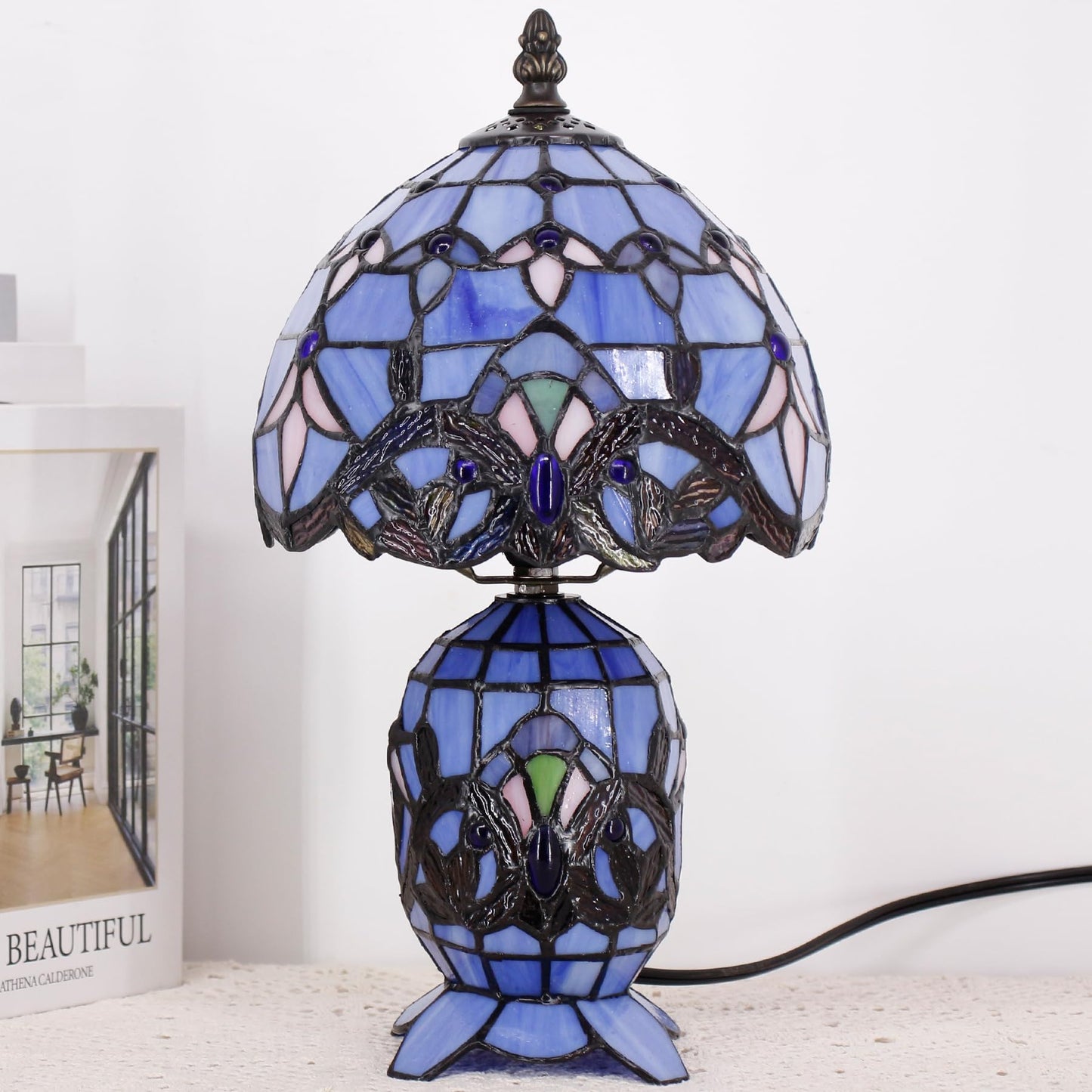 TCODTPOL Small Tiffany Lamp Stained Glass Table Lamp Mini Mother Daughter Vase Desk Accent Light for Bedroom Bedside Reading Home Antique Style Decor 8X14 Inches (Blue Baroque)