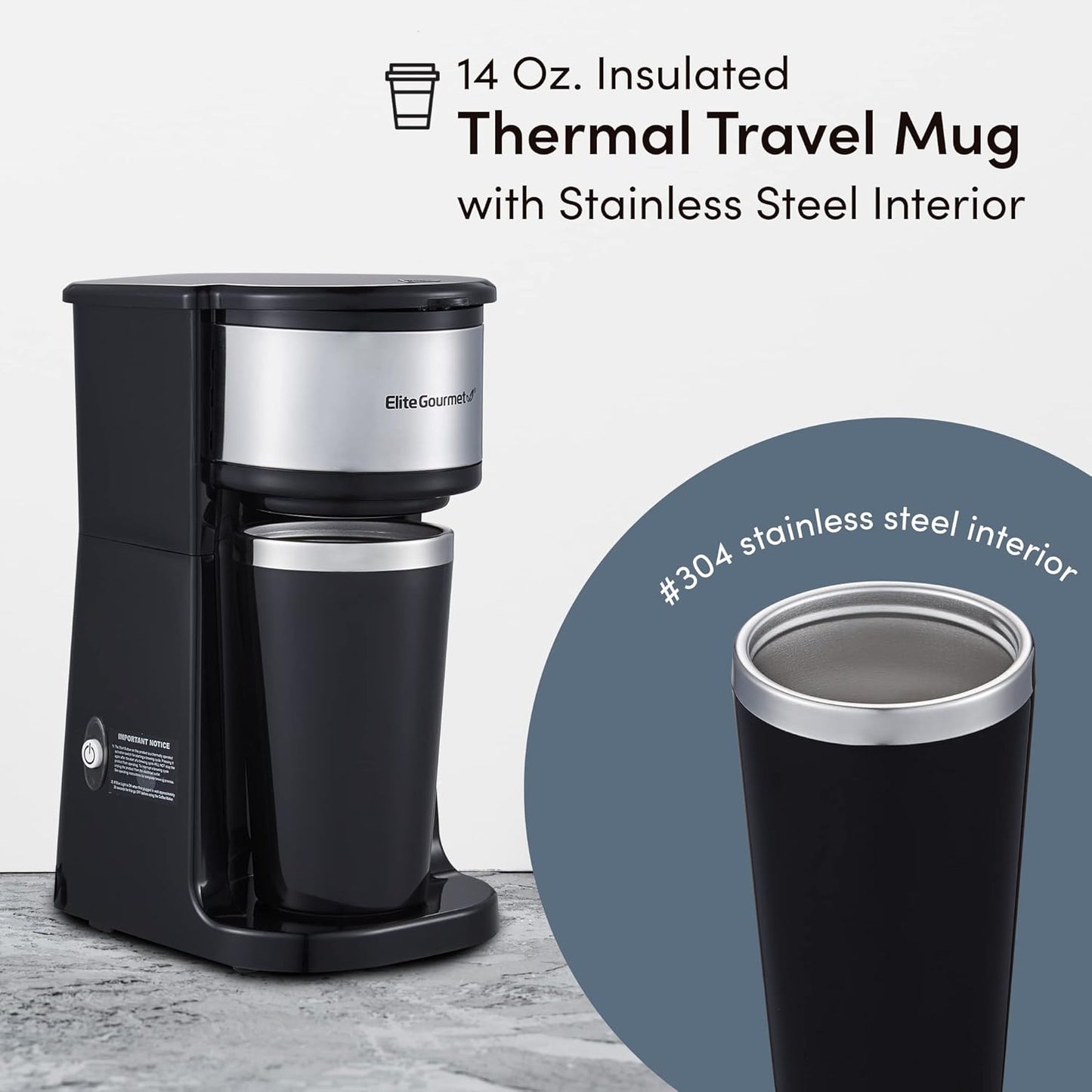 Elite Gourmet EHC112 Personal Single-Serve Coffee Maker, Includes 14Oz Stainless Steel Thermal Travel Mug
